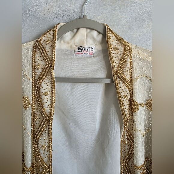 Flapper Style Gunit Cream & Gold Sequin Beaded Duster Kimono Jacket Vtg OS - Picture 10 of 15